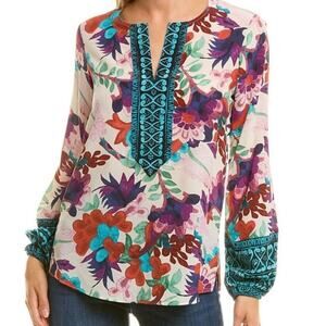Kobi Halperin Libby Silk Blouse Size L Floral Boho Tunic Split Neckline
